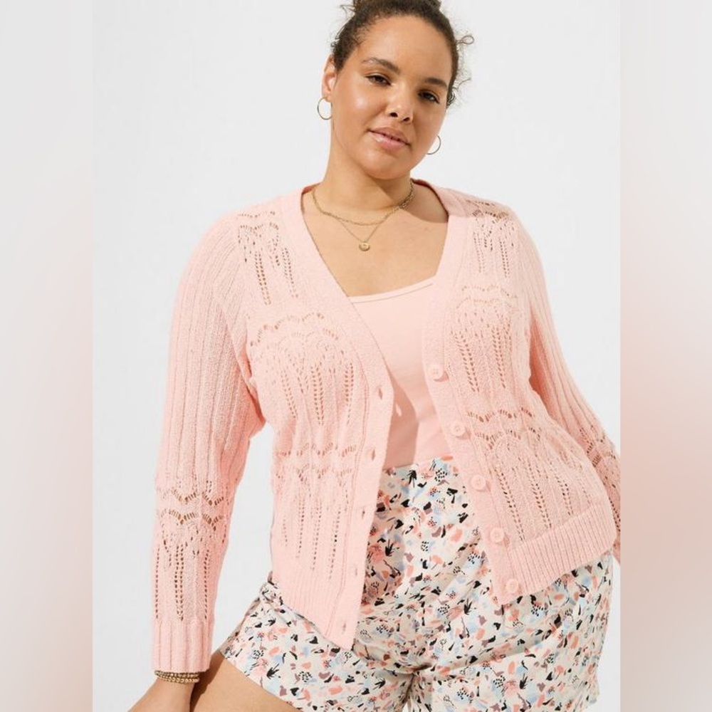 Torrid Pointelle Cardigan V-Neck Sweater in Baby Pink, Women's 4X